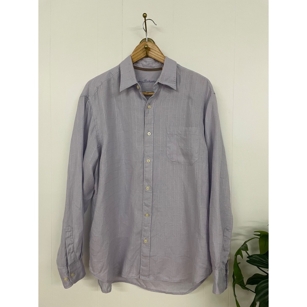 Tommy Bahama Mens Large Lavender 100% Linen Long Sleeve Button Down Grid Shirt